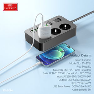 Earldom 3000W ab tak 3 çıkış + 4 USB şarj limanlar 2 usb-c güç şeridi soket masaüstü şarj cihazı 2m uzatma kablosu ile - Product Image 5