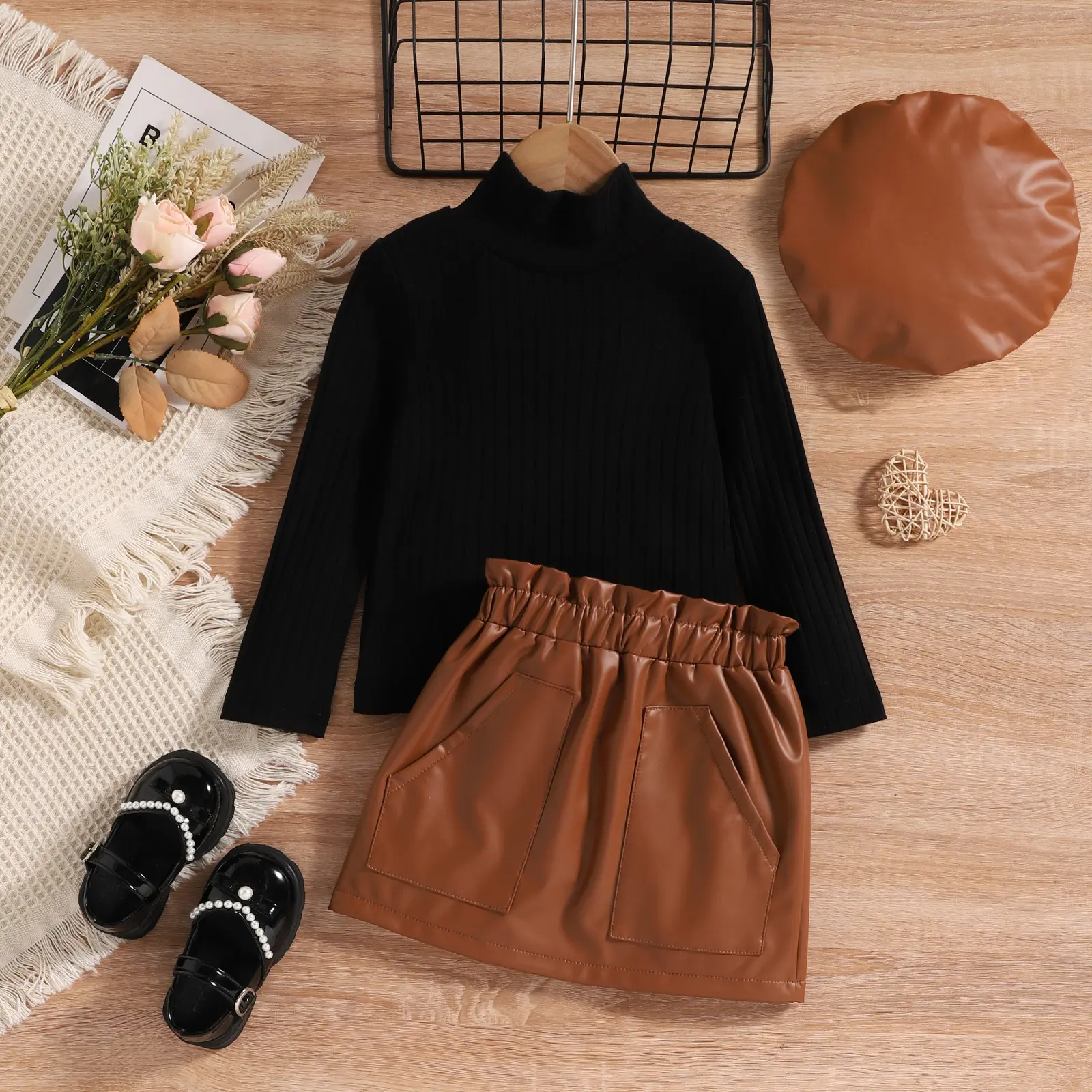 2022 Autumn Winter Girls Children Dress Clothes Sets Small High Neck Long Sleeve Base Leather Skirt with Hat Kids Outfits