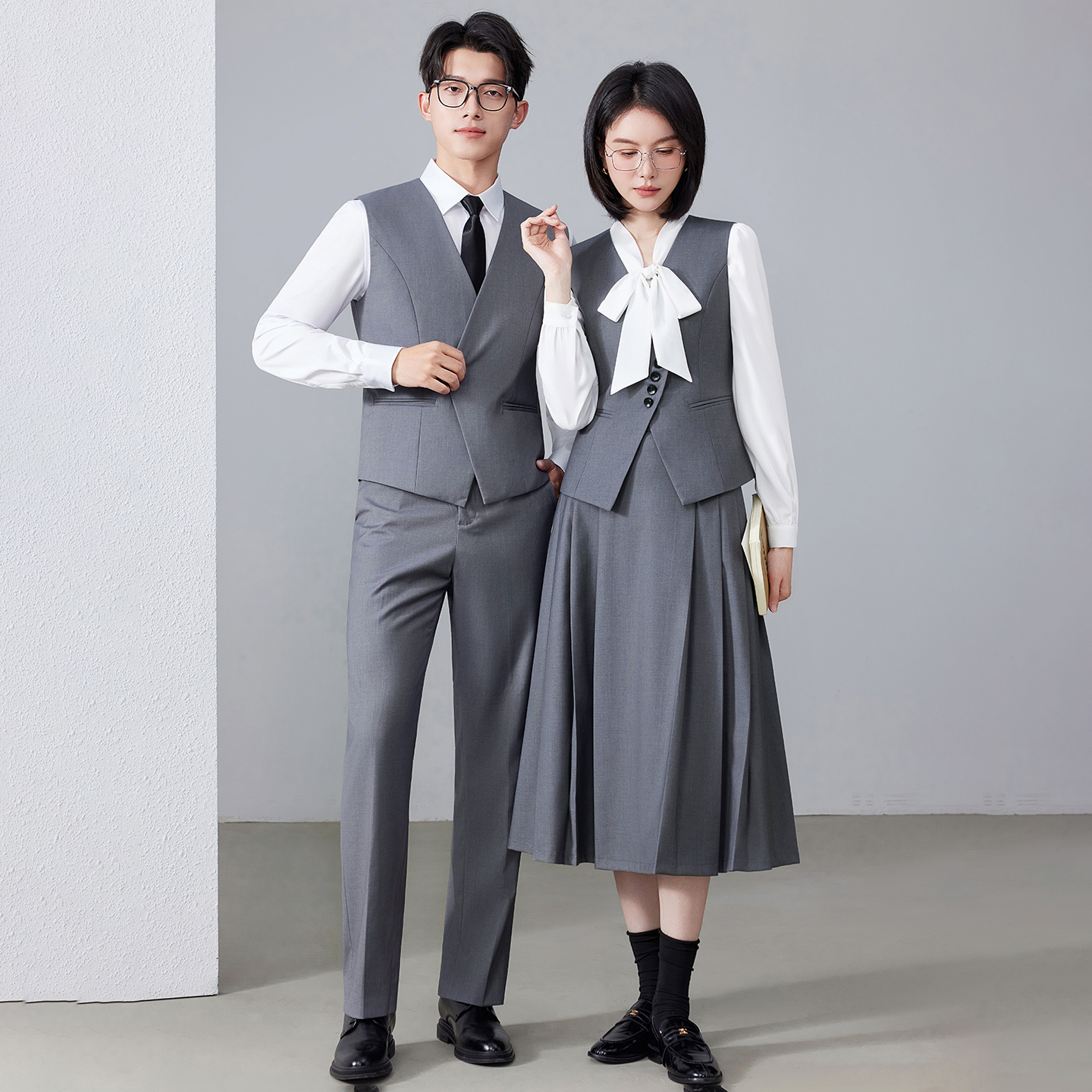 Female grey vest+skirt+white shirt