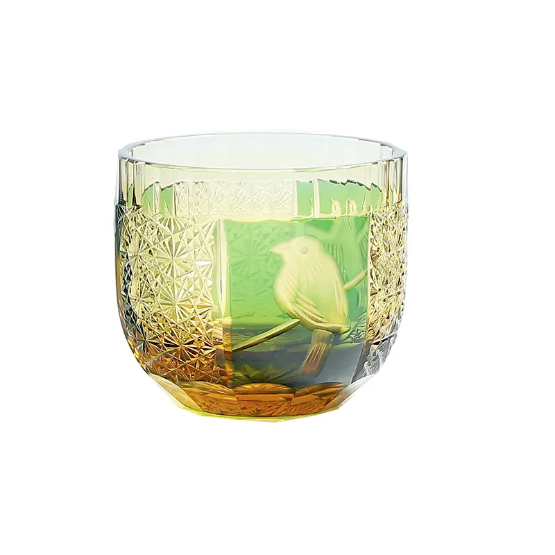 Vaso de Sake Edo Kiriko transparente cortado a mano exquisito de 60ml, patrón de pájaros grabado, Copas de Color ámbar verde, whisky, vino para beber