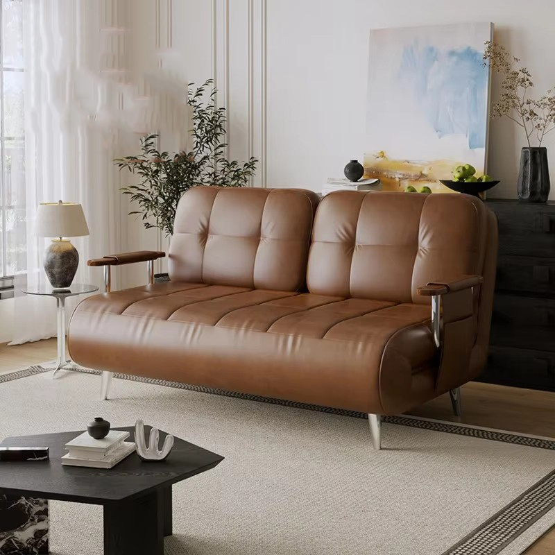 Canapé-lit en cuir ciré à l'huile marron, éponge 120 cm