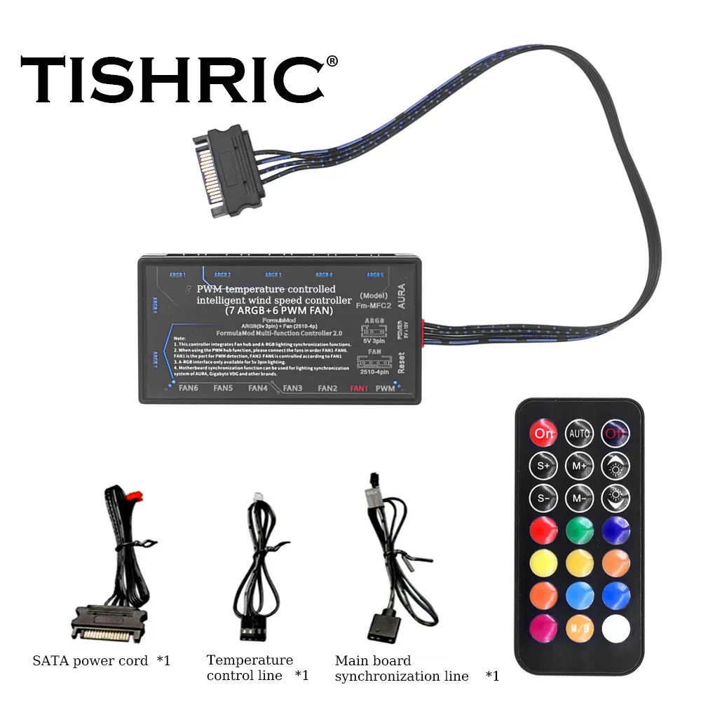 TISHRIC 5V3Pin ARGB Controller, 4Pin * 6 PWM kontrol suhu cerdas, secara bersamaan mengontrol efek cahaya dari 7 kipas