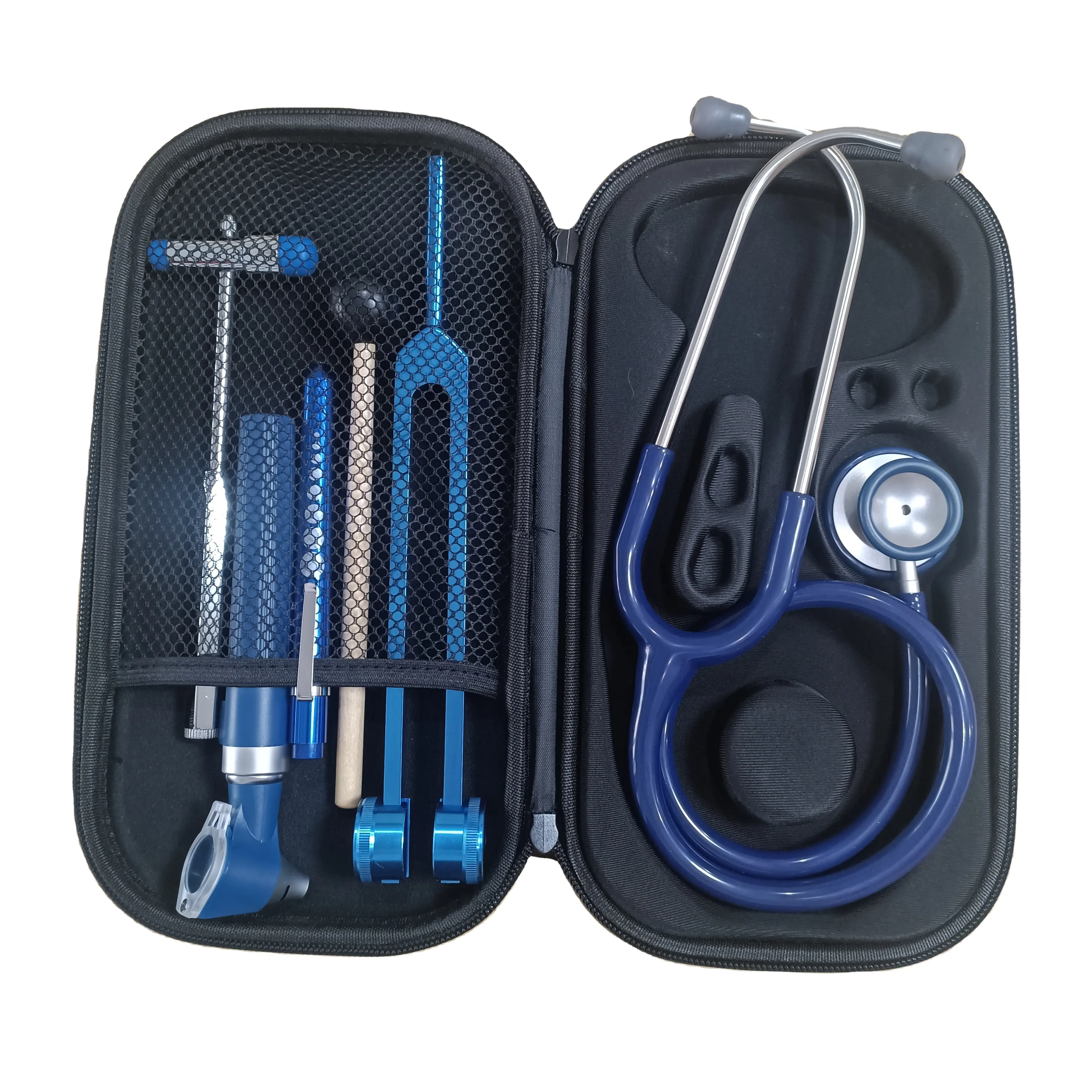 Kit de mallette de rangement médical bleu noir avec outils stylo lumière, stéthoscope, diapason, marteau réflexe et mini otoscope ensemble