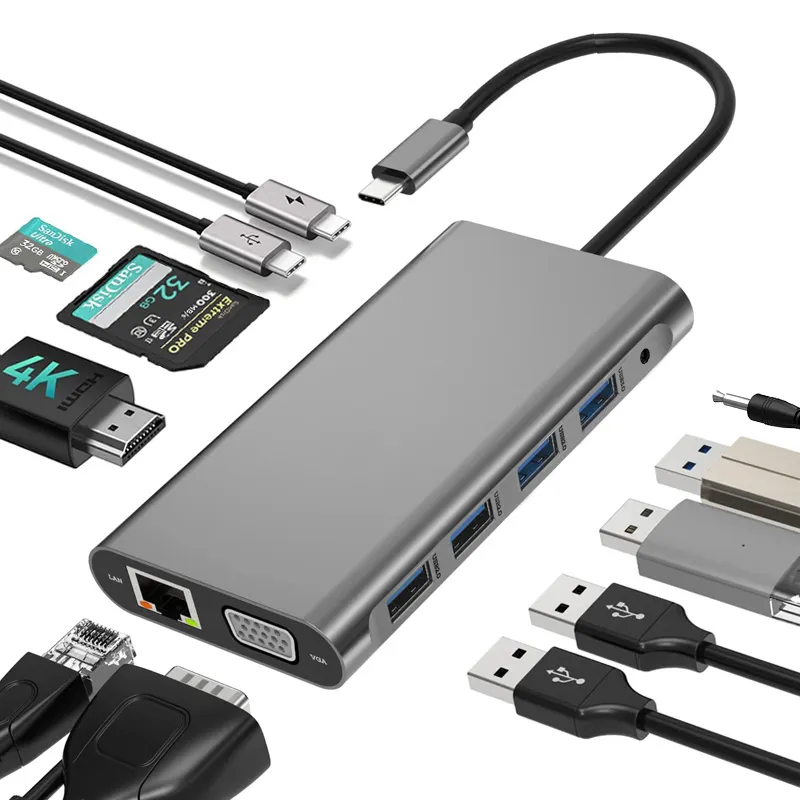 Stasiun Dok pengisian daya, USB C ke 4K VGA 1080P 60Hz 4 USB 3.0 2.0 RJ45 Ethernet LAN USB-C Data PD3.0 untuk M1 M2 Mac