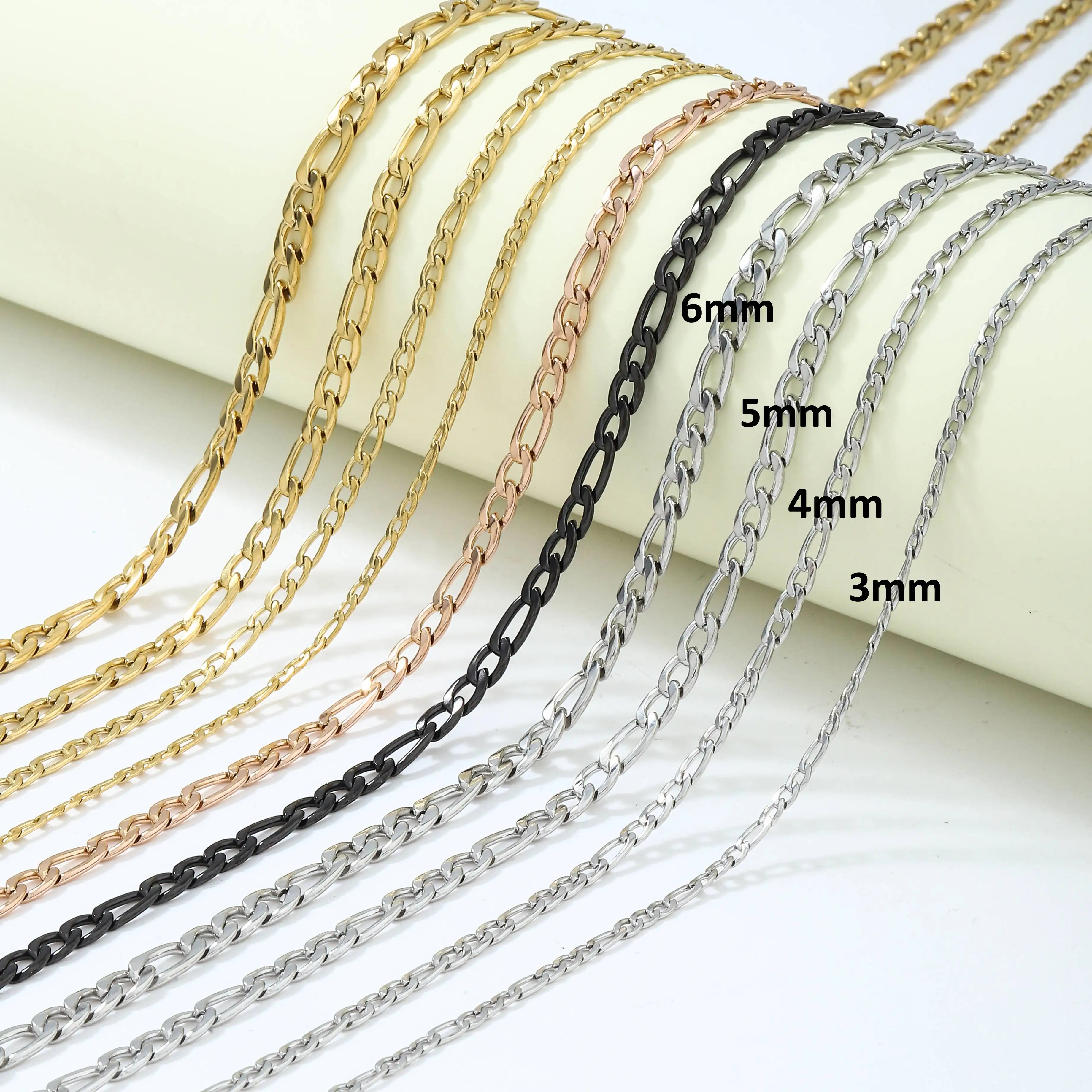 Ruigang Customized 3/3.8/5/6/7mm Silver Gold Figaro Chains Men Gold Chain 18K 24k Stainless Steel Chain Necklace For Men Women