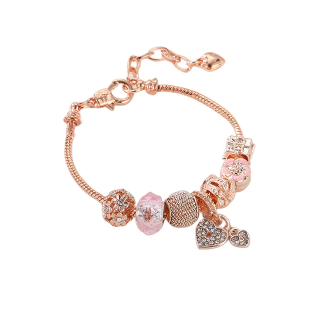 Pulseira com pingentes de óleo rosa dourado, bracelete com pingente floral, cristal, coração, brilhante, 2023