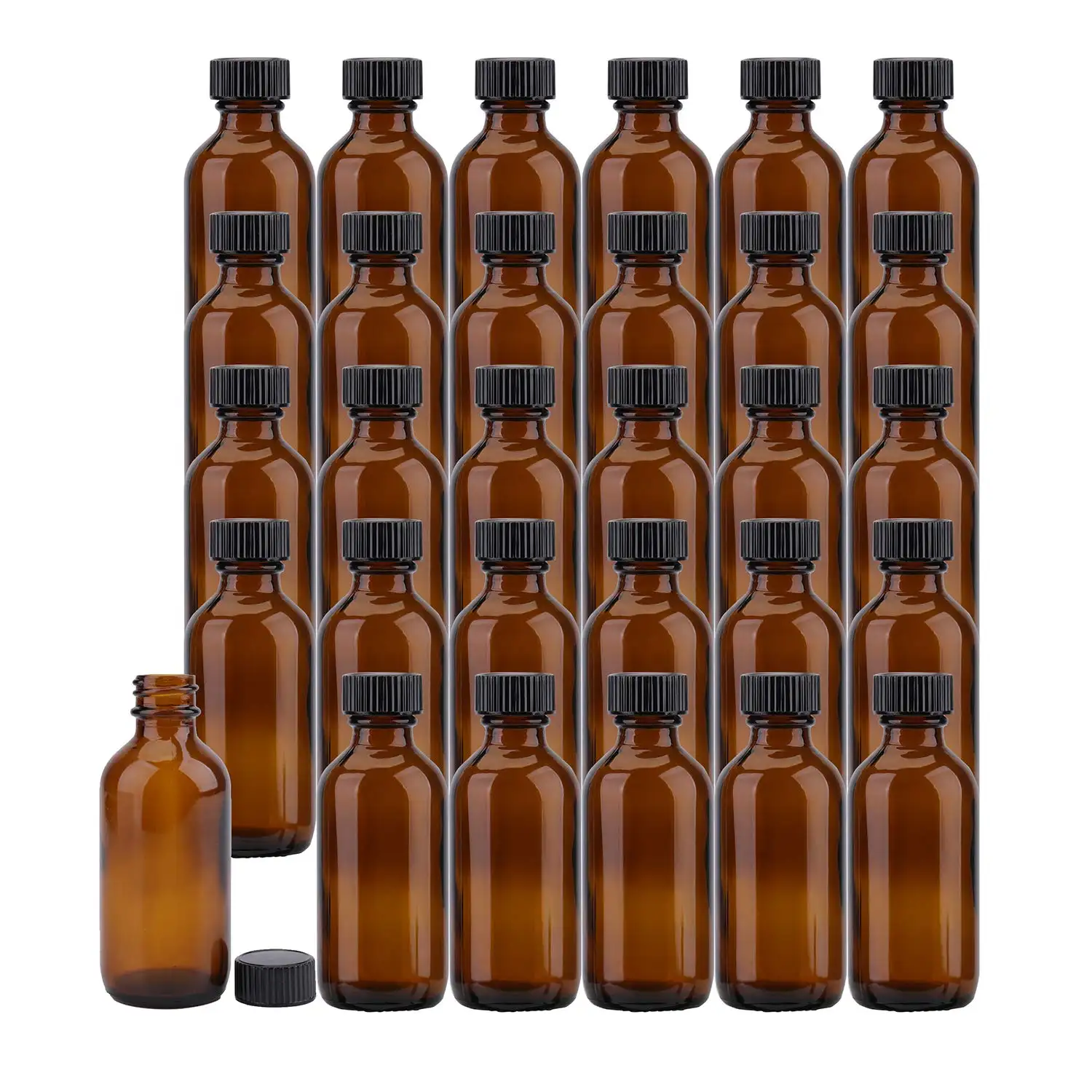 Bouteilles de distribution Petite bouteille en verre ambré Boston ronde de 2 oz avec bouchon à cône noir