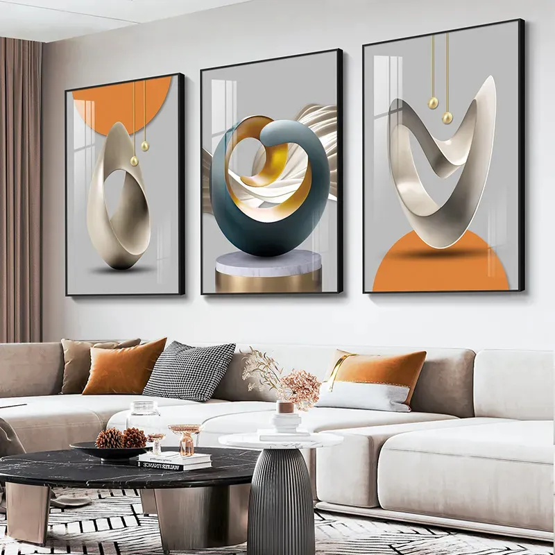 Nordic 3 luxurious decorative paintings sofa wall art abstract poster and living room decoration crystal porcelain painting