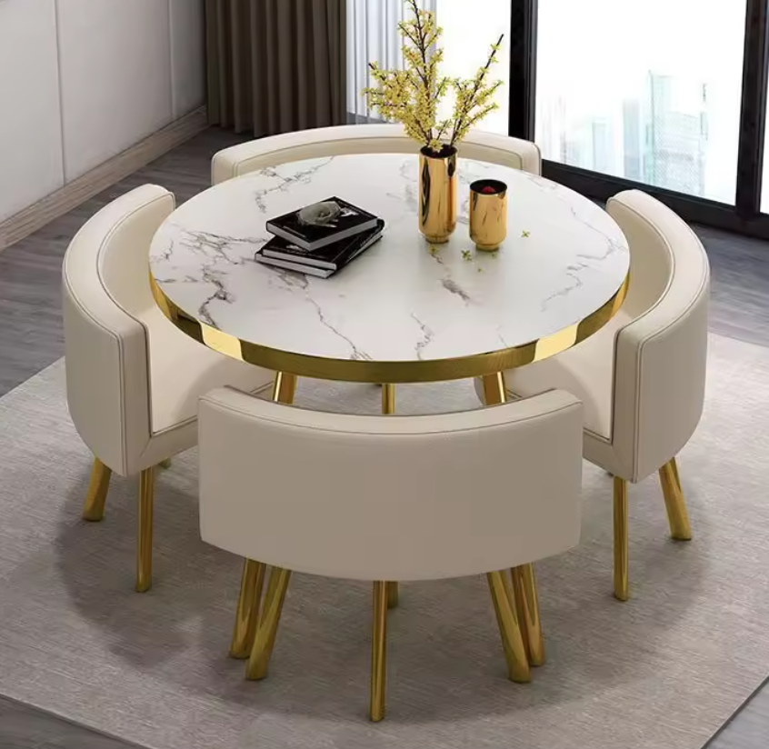 Tavolo con motivo pietra + 4 sedie in pelle beige
