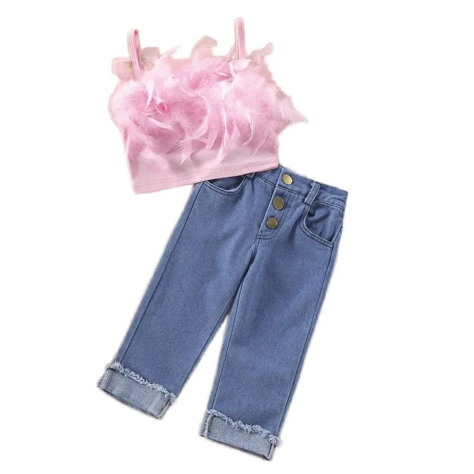 Summer autumn clothes set halter t shirt denim girls baby girlspants 2pcs outfit fashion hot sell clothes