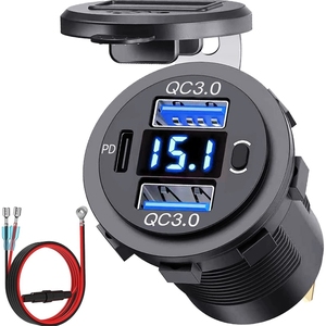 12V USB插座双USB QC3.0 PD USB C车载充电器插座，带电压表和汽车船船用卡车电源开关 - Product Image 4