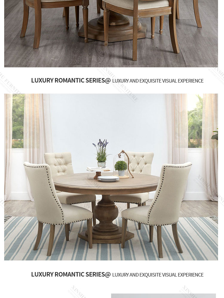 New French style oak Nordic antique style 6-seat solid wood round table with rotating center