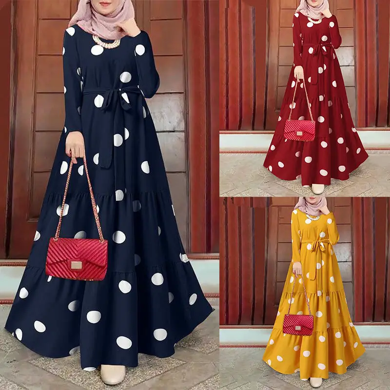 Tallas grandes Impreso Abayas Ropa islámica Turquie DressesTunic Robe Polka Dot Dubai Abaya Mujeres Vestido musulmán