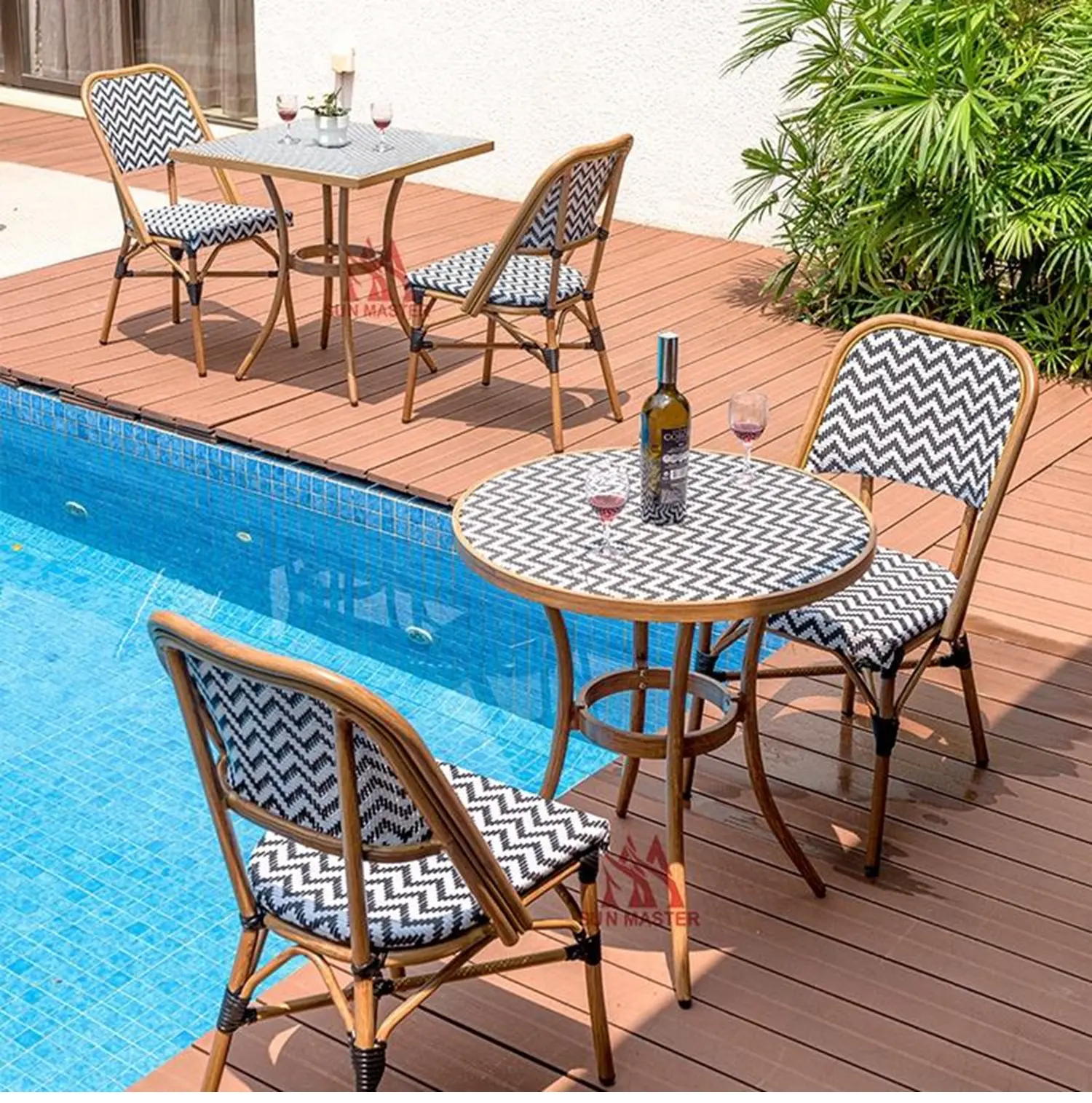 Juego de mesa y silla de Bistro de 3 piezas, muebles de Patio, exterior, restaurante, Hotel, jardín, cafetería, comedor, bambú de aluminio, precio de fábrica