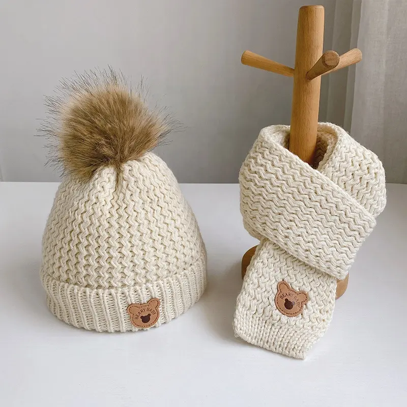 Conjunto de sombrero y bufanda para niños, traje de dos piezas para niños y niñas, gorro de lana de punto grueso de terciopelo, Otoño e Invierno