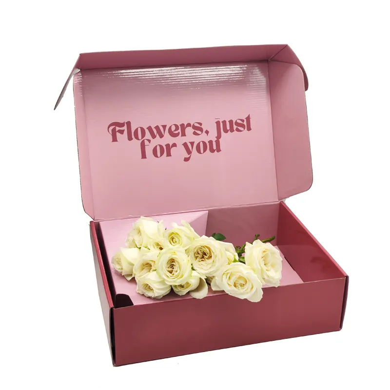 Carton ondulé personnalisé de couleur rose noir imprimé avec logo privé boîte d'emballage pliante en carton d'expédition pliante en papier pour colis et fleurs