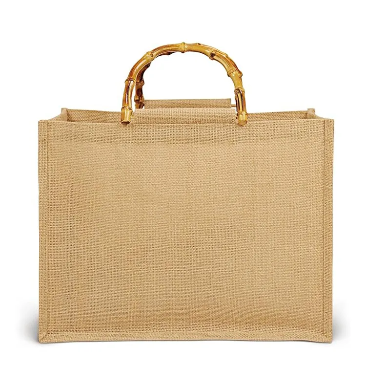 Commercio all'ingrosso eco-friendly di buon prezzo bianco colore personalizzato di grandi dimensioni juta Tote borsa a tracolla con manico di bambù