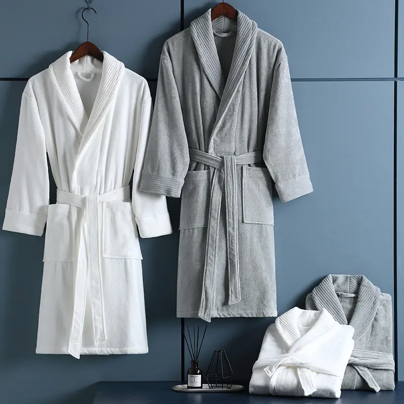 Bata de baño con cuello tipo Kimono para hombre y mujer, bata de baño de algodón 100% con logotipo personalizado para hotel, para las cuatro estaciones