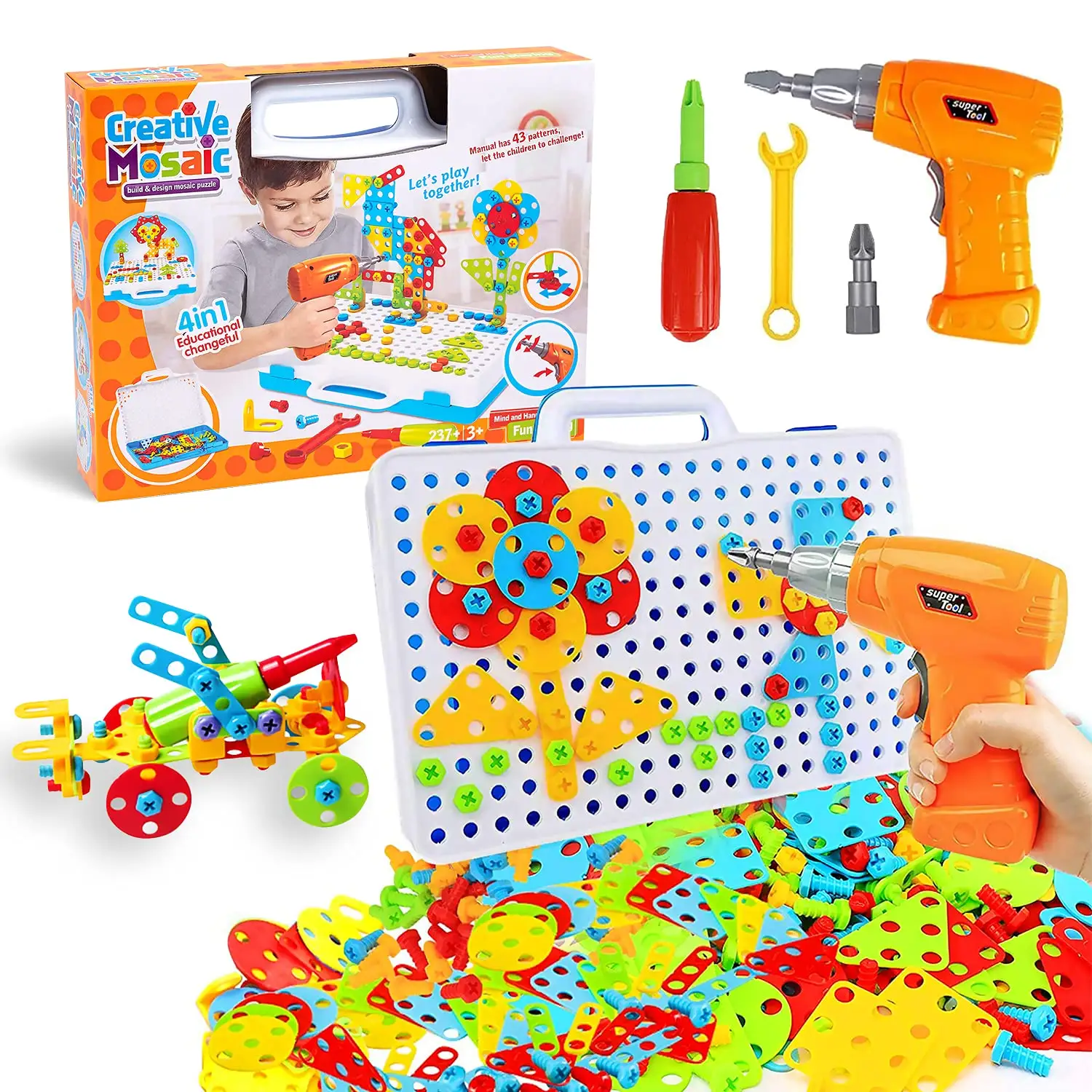 Juego de taladro de rompecabezas de mosaico creativo 3D para niños, juguetes de ladrillos de construcción, juego de taladro eléctrico DIY, juguete educativo de rompecabezas