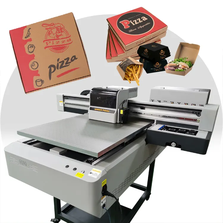पिज्जा बॉक्स के लिए थोक 6 8 रंग ए2 ए1 3 प्रिंट हेड फ्लैटबेड प्रिंटिंग मशीन सफेद यूवी इंकजेट इंक प्रिंटर 6090