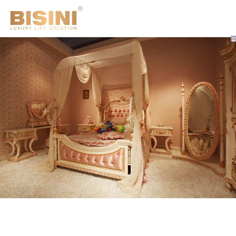 Alta calidad Italia Rosa talla princesa cama con dosel/nuevo diseño rosa niñas muebles de dormitorio/Fantástico Europea niños cama de madera