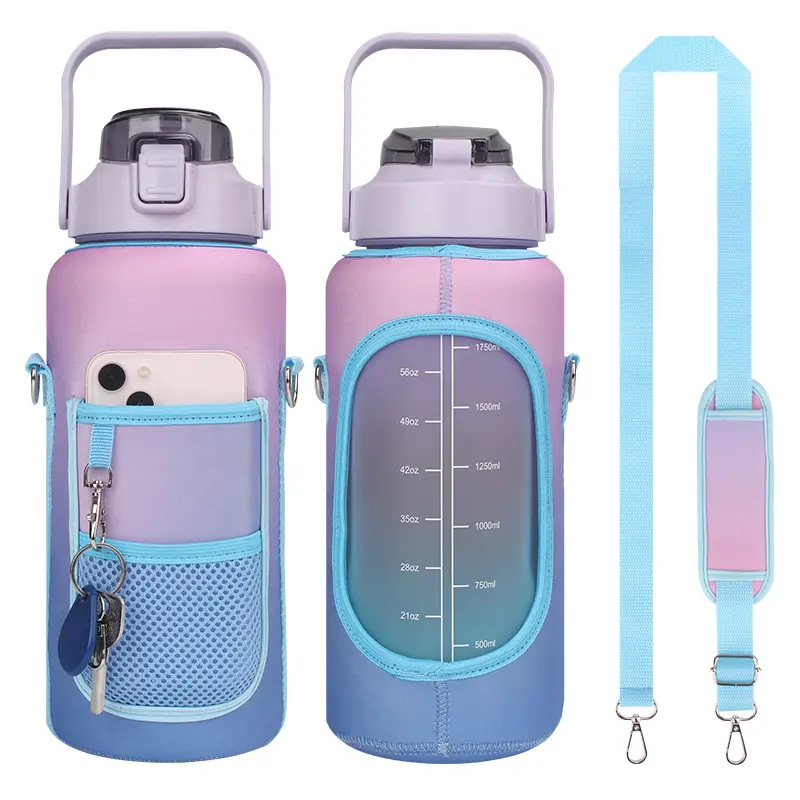 SN029 Outdoor Sports Water Bottle Portátil Strap Tipo Quente Cup Com Tampa Protetora 64 Onças SBR Material Cup Capa Protetora