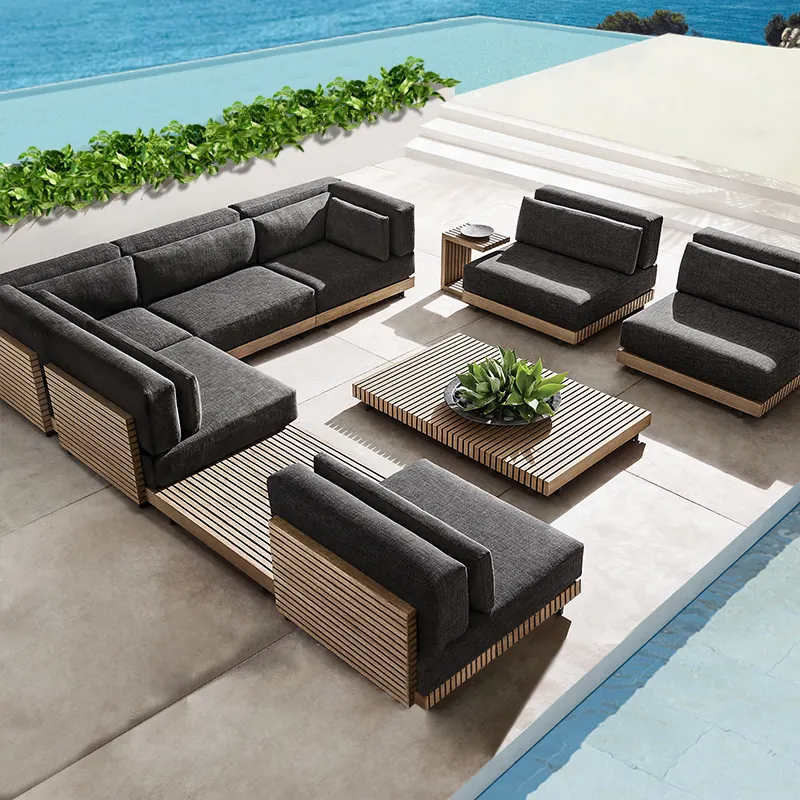 Garden Furniture Set Waterproof Fabric Modern Teak Frame Casual Outdoor Solid Wood Modular Sofa Factory supply
