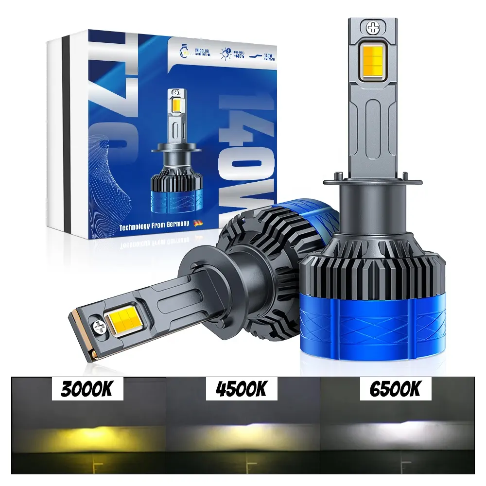 Xenplus T70 tricolori 140W 30000LM sistema di illuminazione Auto H1 H3 H4 H7 H11 9005 9006 9012 tricolori LED lampadina del faro