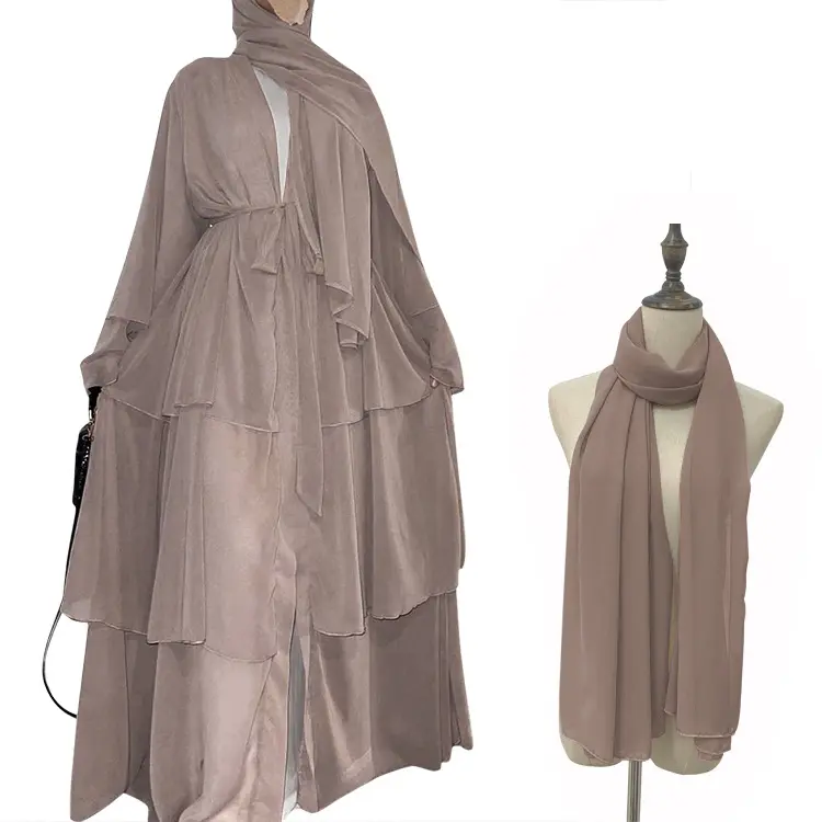Dubai Turquía árabe Omán elegante de gasa Kimono para mujer 3 capas abierto ropa islámica musulmanes vestidos modestos Khimar Hijab Abaya