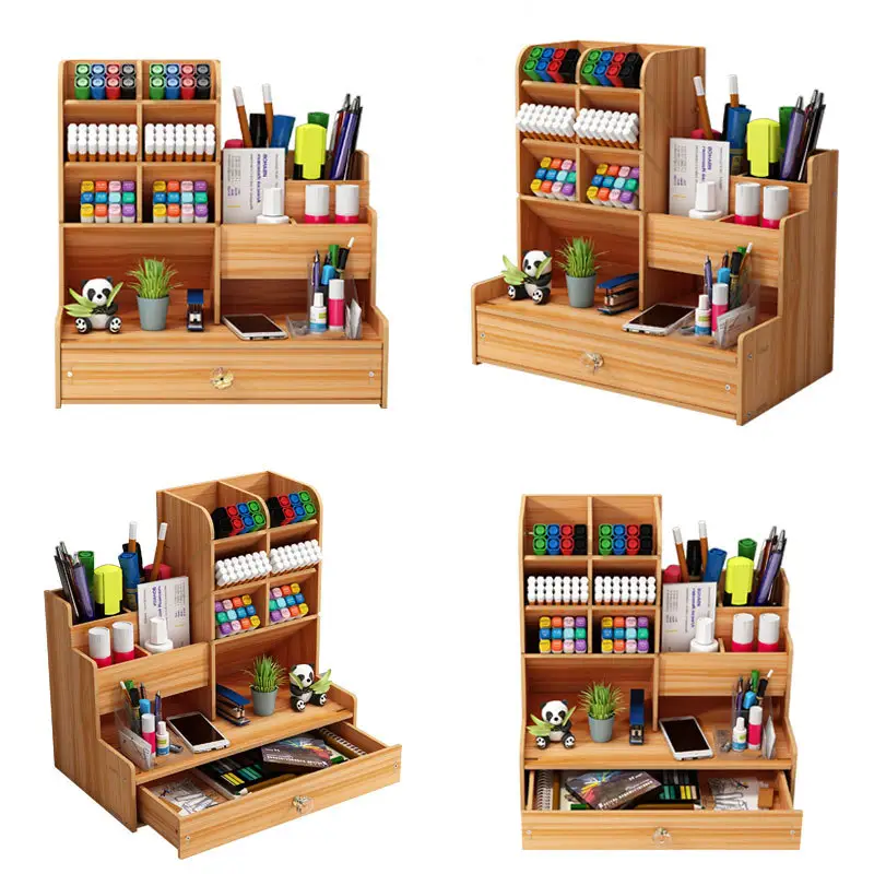 Organizador de lápices de bambú de madera multifuncional, organizador de escritorio con cajón para oficina, escuela, hogar