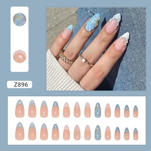 24 Pcs/set French Summer Floral, Shell, and Wave 3D Nails with Diamond Accents Nail <strong>Tips</strong> Press on Nails Wholesale Z896 - Product Image 2
