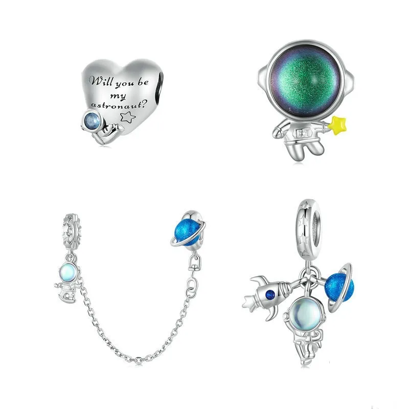 925 argent Sterling astronaute suspendu perle breloques en forme de coeur pour les femmes Bracelet bricolage bijoux fins