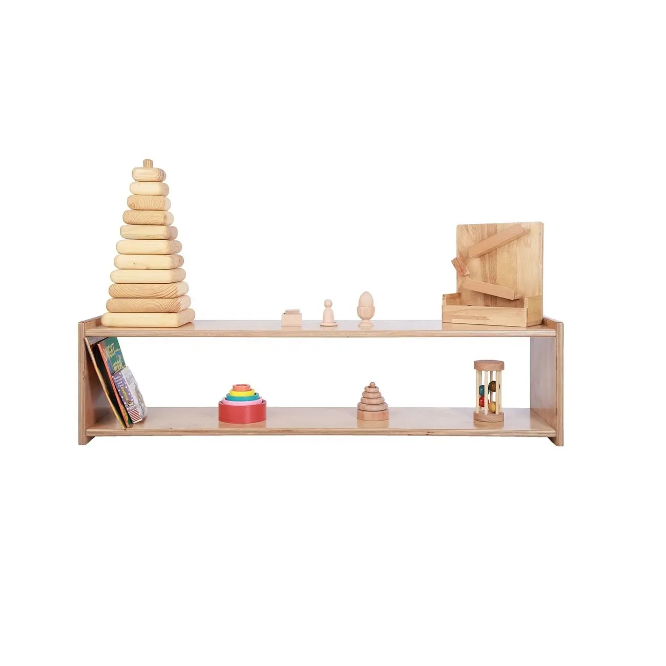 Scaffale di legno dei bambini della mobilia dell'aula dell'asilo prescolare per i giocattoli che mostrano lo scaffale di legno prescolare