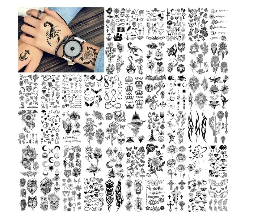 52 fogli creativo nero piccola corona infinito triangolo tatuaggi per uomo donna stelle realistiche lettere tatuaggi per bambini tatuaggio