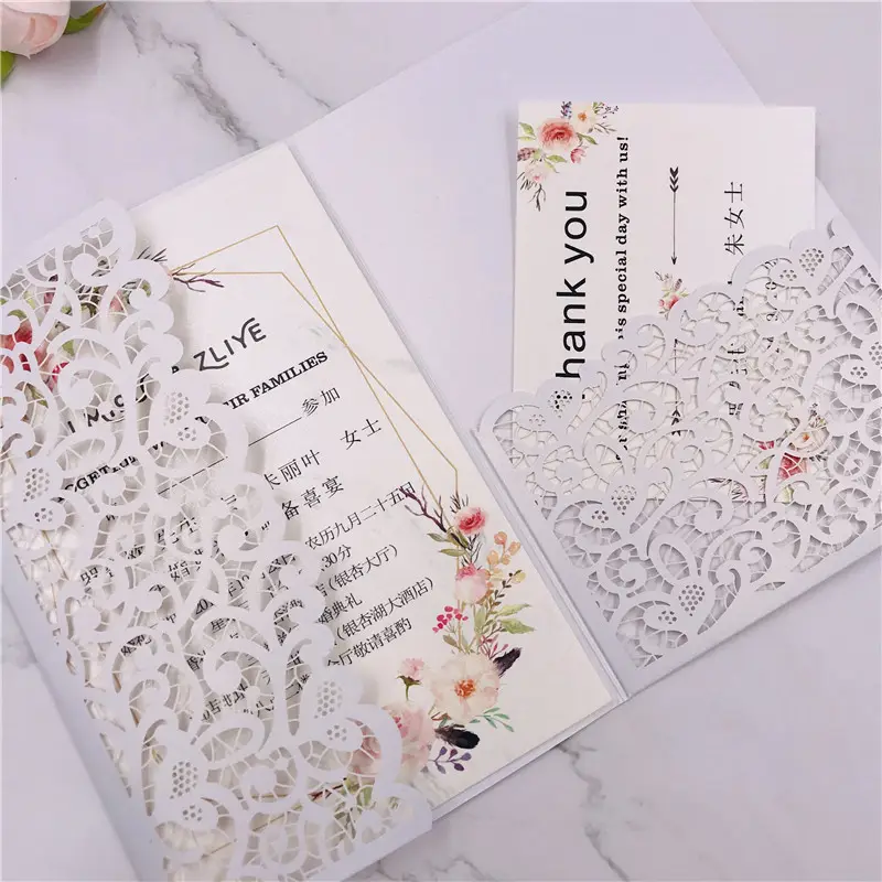 Luxo casamento favores branco chinês laser corte casamento convite bolso papel cartões