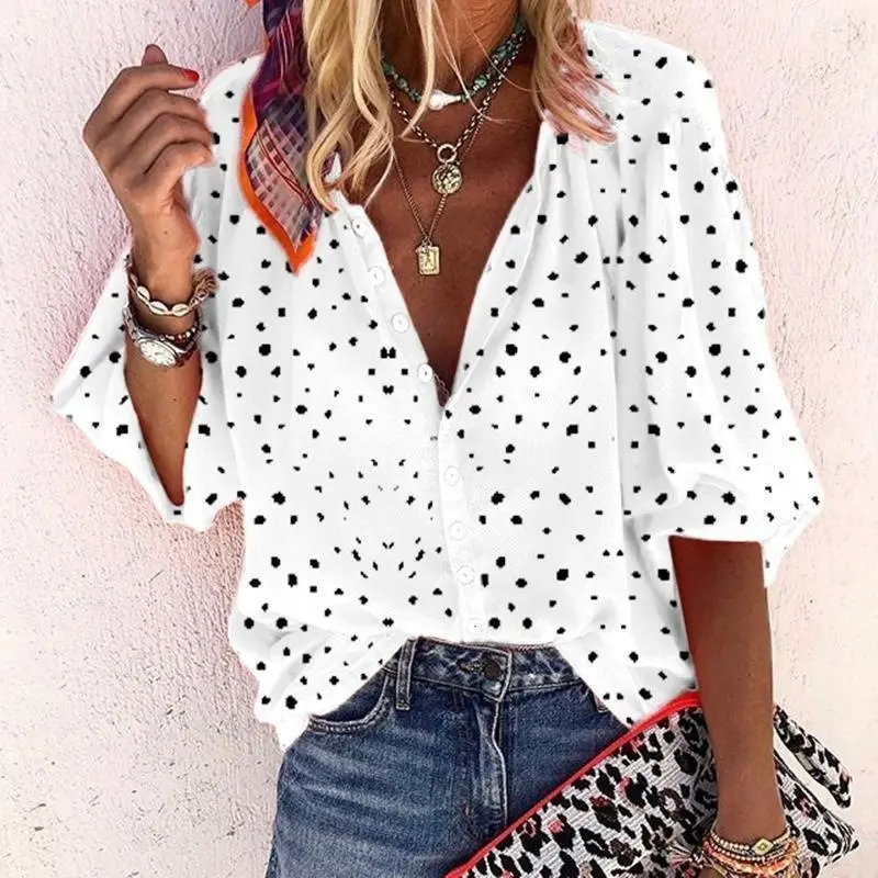 Sexy V-neck Women Blouse Elegant Dots Print Long Sleeve Buttons Female Shirts Casual Office Wear Lady Tops