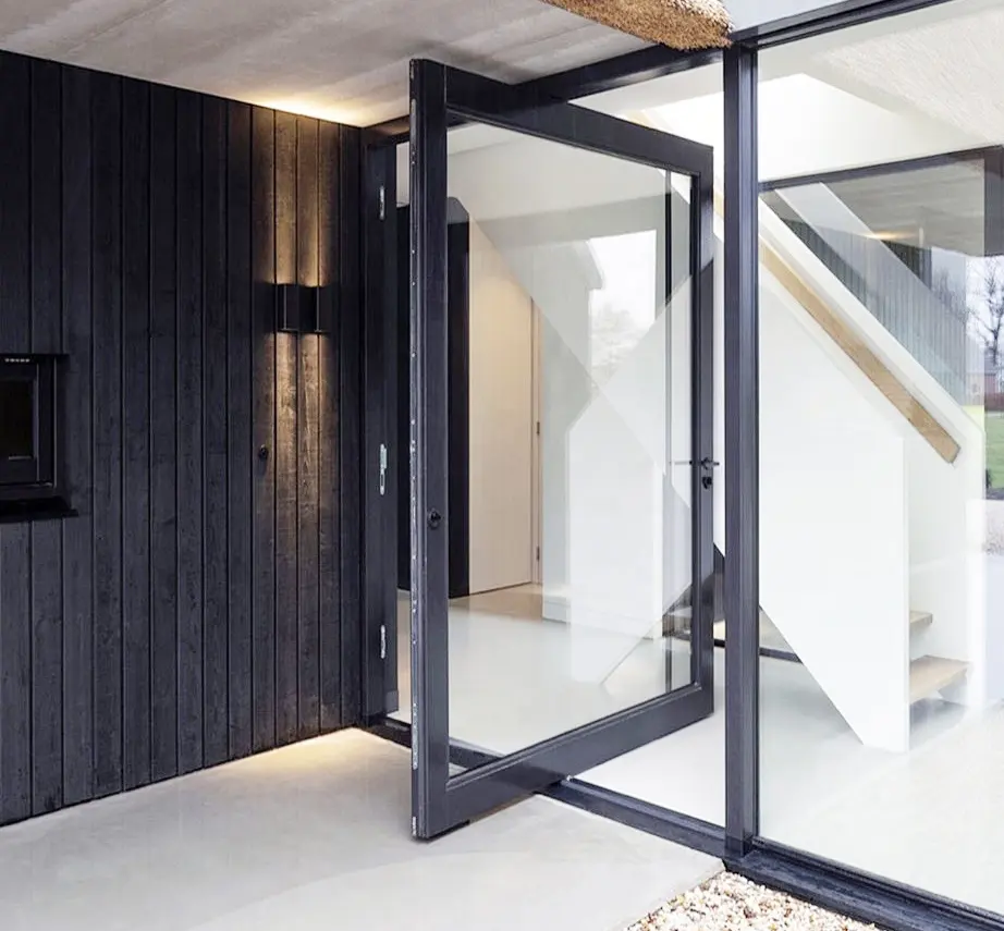 Puerta de entrada pivotante para casa, diseño de puerta delantera baja E, doble vidrio de aluminio