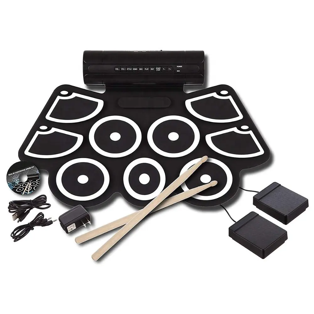 Portátil MIDI electrónicos rollo de tambor Kit con construido en los altavoces de alimentación pedales de pie y baquetas