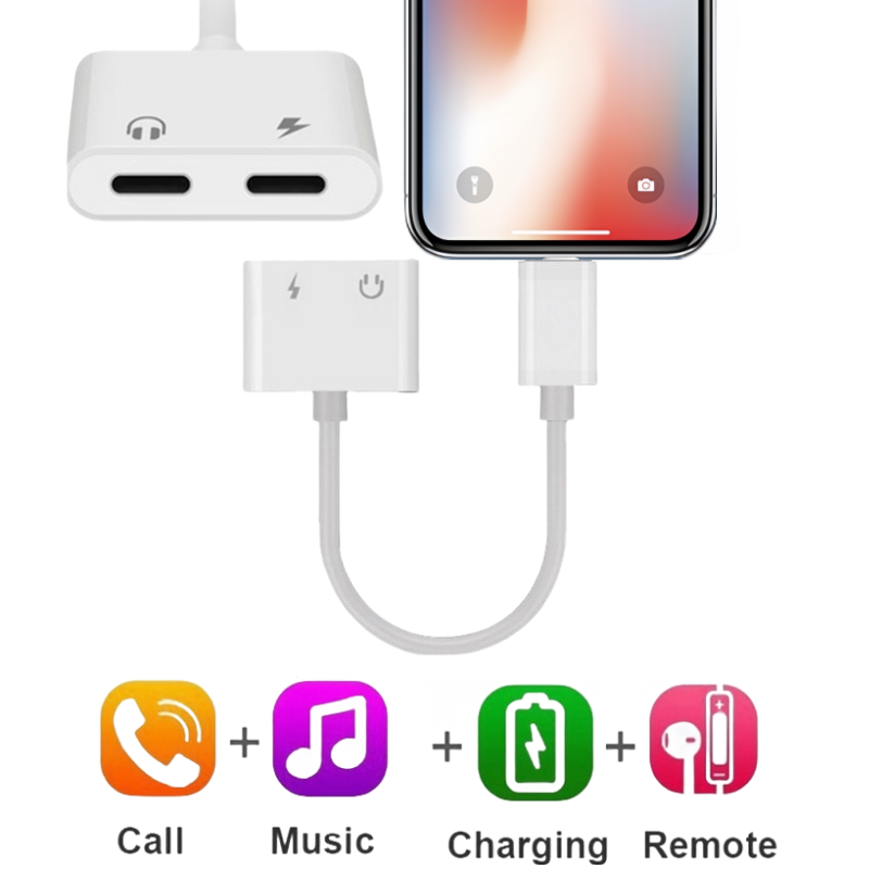 Adaptateur 2 en 1 IOS 8 broches vers Charge + Audio 8 broches - Blanc