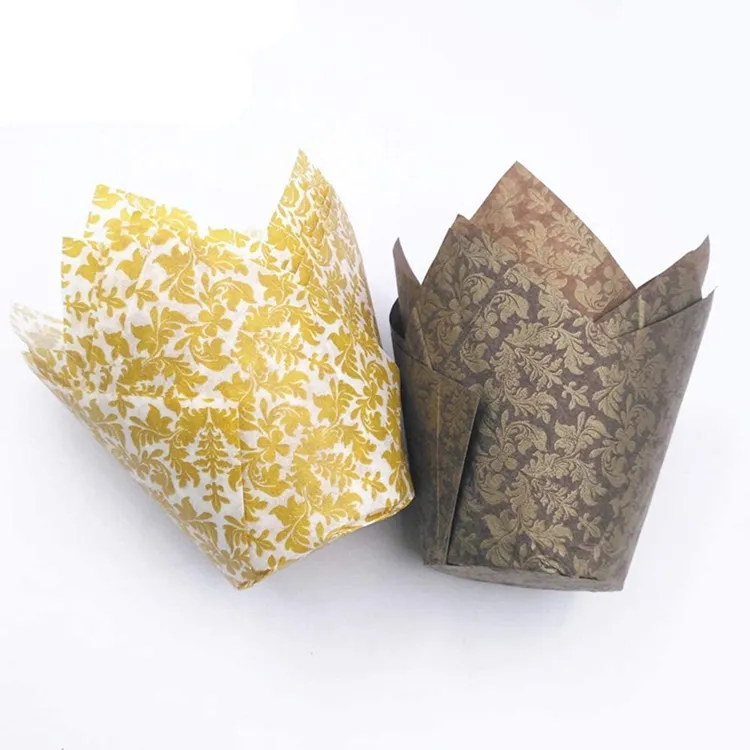 Moldes de papel de tulipán para hornear magdalenas, vasos para muffins con estampado dorado