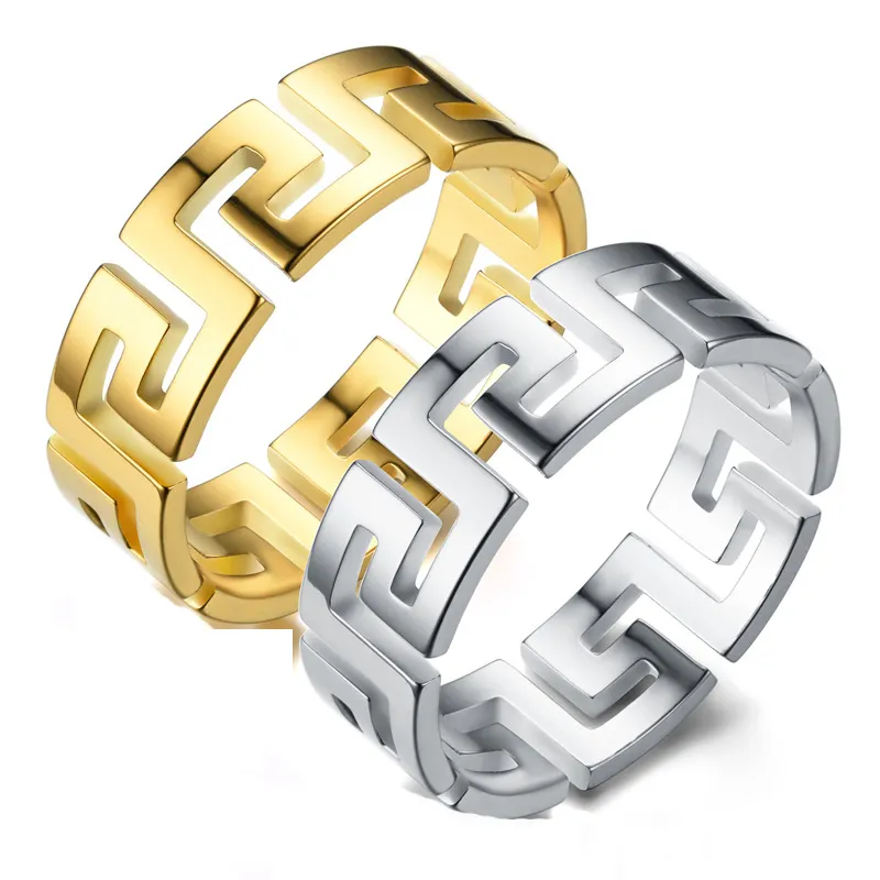 Blues Großhandel Hip Hop Edelstahl Great Wall Ring Vintage 8mm aushöhlen Silber Gold Wolfram griechischen Schlüssel ring