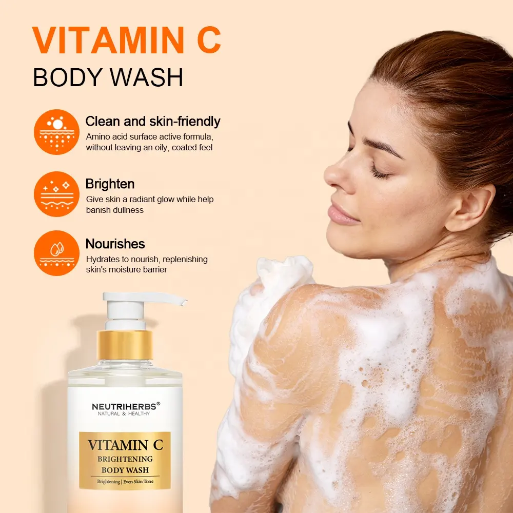 Encargo de la vitamina C vegana aclarante brillo perfumado Bodywash Venta al por mayor blanqueamiento de la piel Gel de ducha para hombres y mujeres