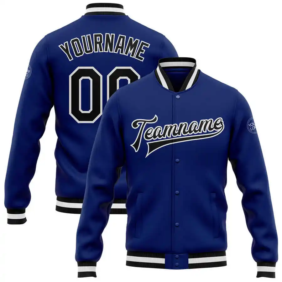 Personalizado Azul Real Varsity Jacket Baseball Letterman Botão Mulheres Trincheira Casaco Masculino