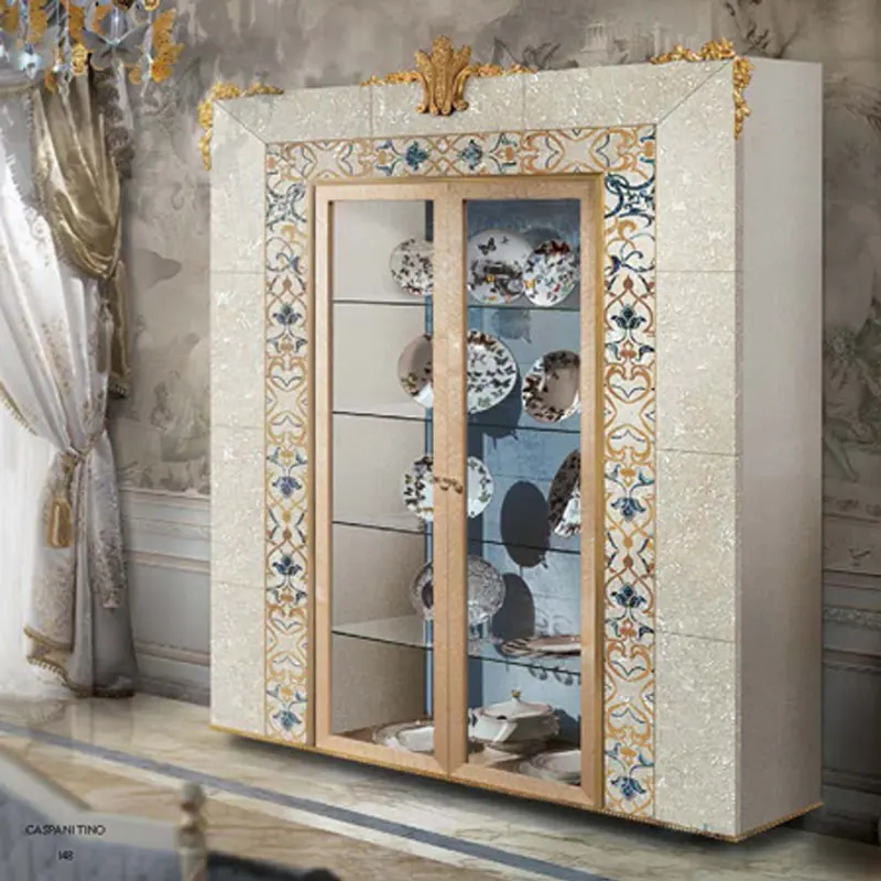Gabinete de exhibición de madera maciza tallada, gabinete de vino de vidrio con carcasa exquisita OEM, marquesina de 246 puertas