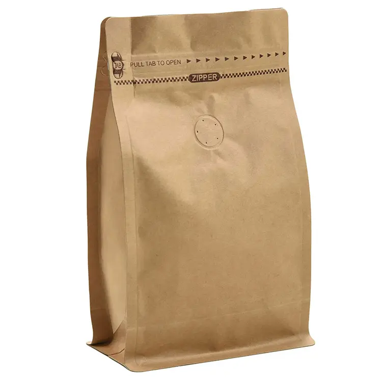 Sacchetto riciclabile biodegradabile sacchetto di caffè laterale richiudibile a fondo piatto in carta Kraft a otto lati