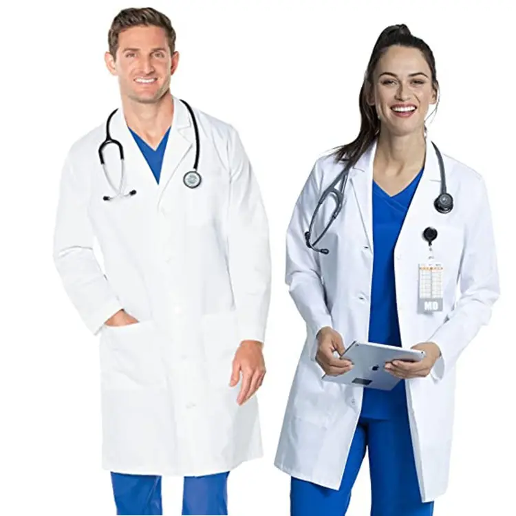 Mantel Lab Lengan Panjang Katun Elastis Cuff, Mantel Lab Profesional Seragam Lab Rumah Sakit Dokter Unisex, Mantel Lab Putih Keseluruhan