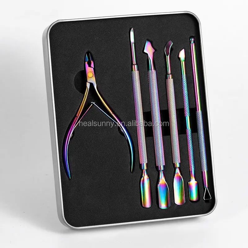 Herramientas de uñas 3pcs conjunto de cutícula de uñas pinzas/Pulsadores de arco iris de Color de acero inoxidable implementos de manicura