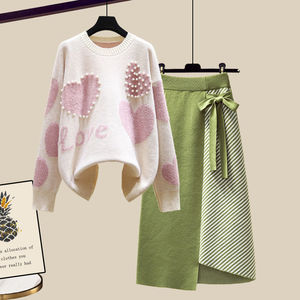 ชุดสูทผู้หญิงเสื้อสเวตเตอร์ทรงหลวมหัวใจหวานชุดแฟชั่น2ชิ้นสำหรับฤดูใบไม้ร่วง - Product Image 4