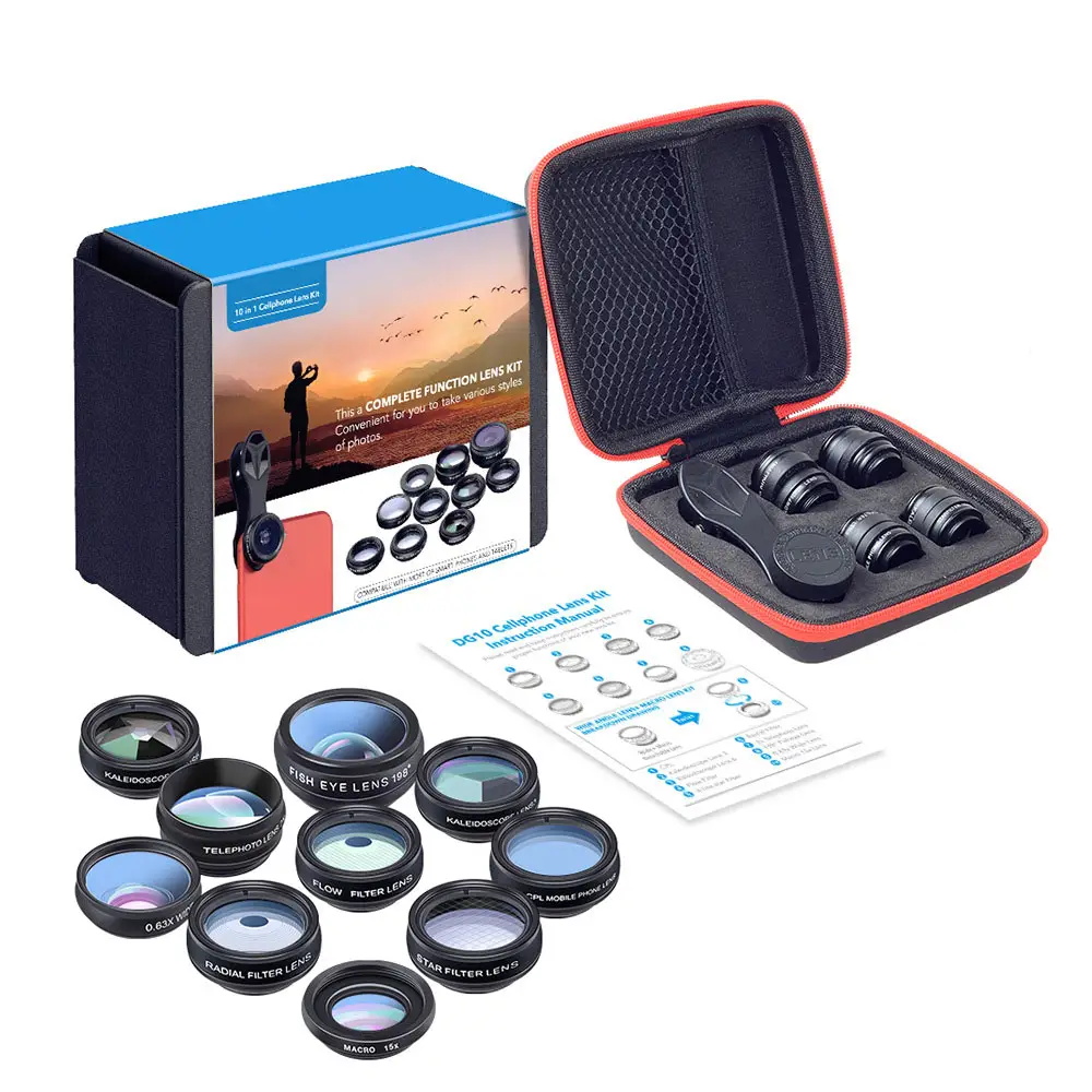 10 em 1 telefone móvel Camera Lens Kit Fish Eye Wide Macro Star Filtro CPL Lentes para smartphone