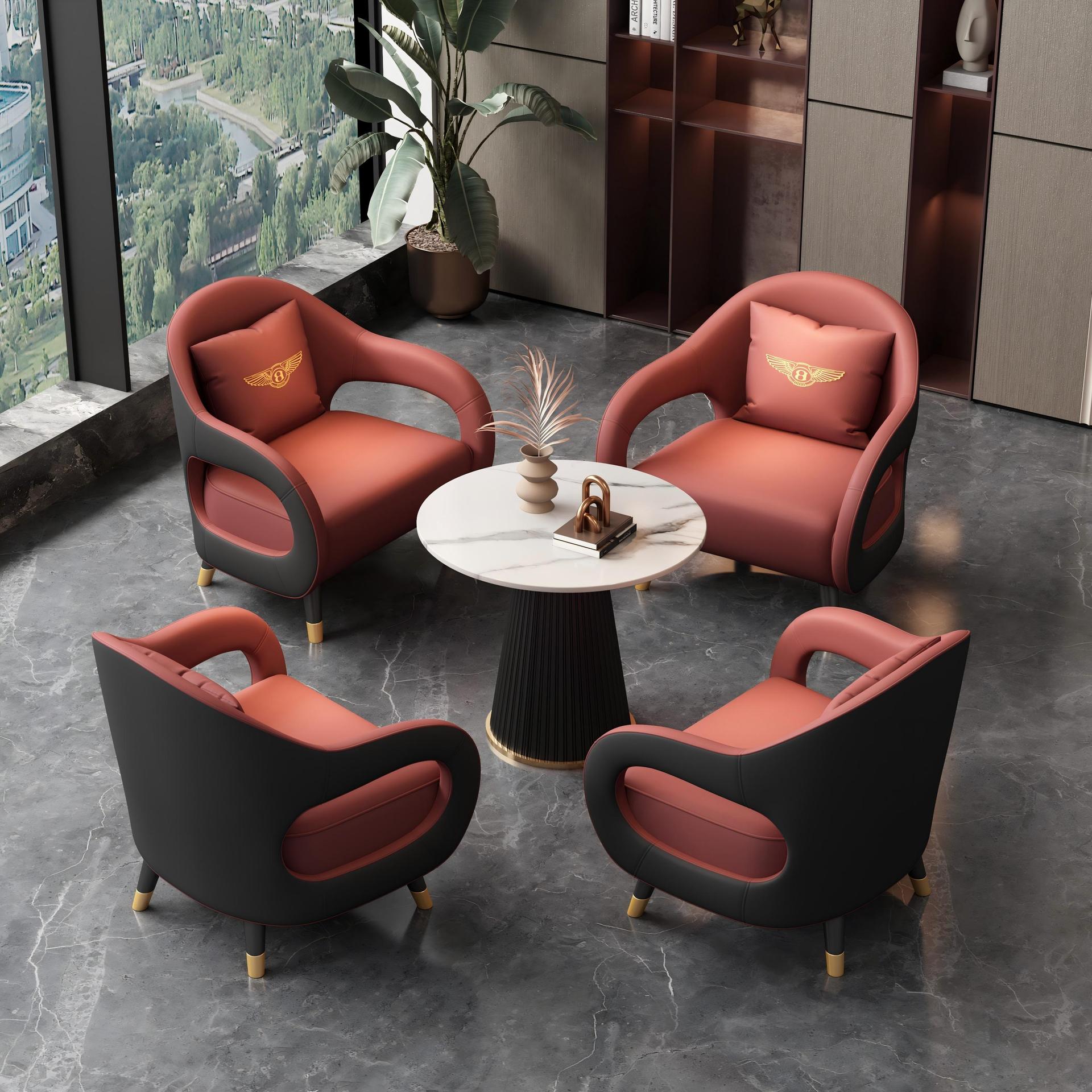 A table and four chairs (burgundy and black)